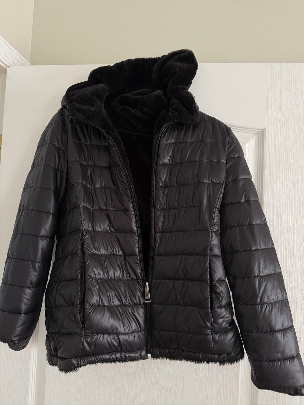 Andrew Marc Black Quilted Puffer and faux fur reversible Jacket